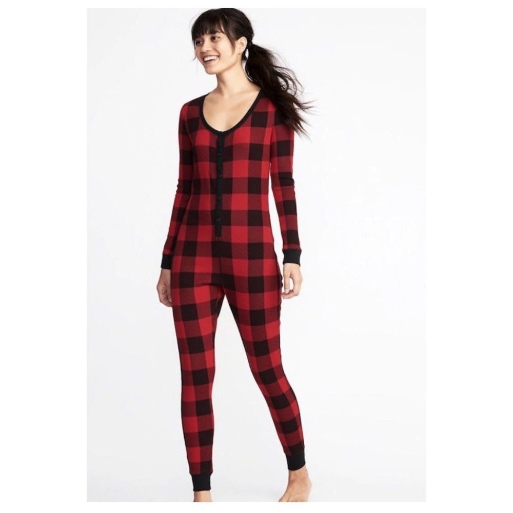 Old Navy thermal One Piece Bodysuit long John Large Tall Buffalo Check Red Black